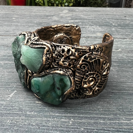 Aventurine and Buddstone Raw Green Stone Cuff Bracelet, Chunky Boho Healing Crystal Bracelet