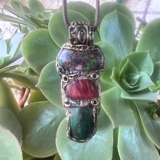 Ruby Zoisite, Green Jade & Pink Cherry Quartz Pendant - Crystal Healing Necklace