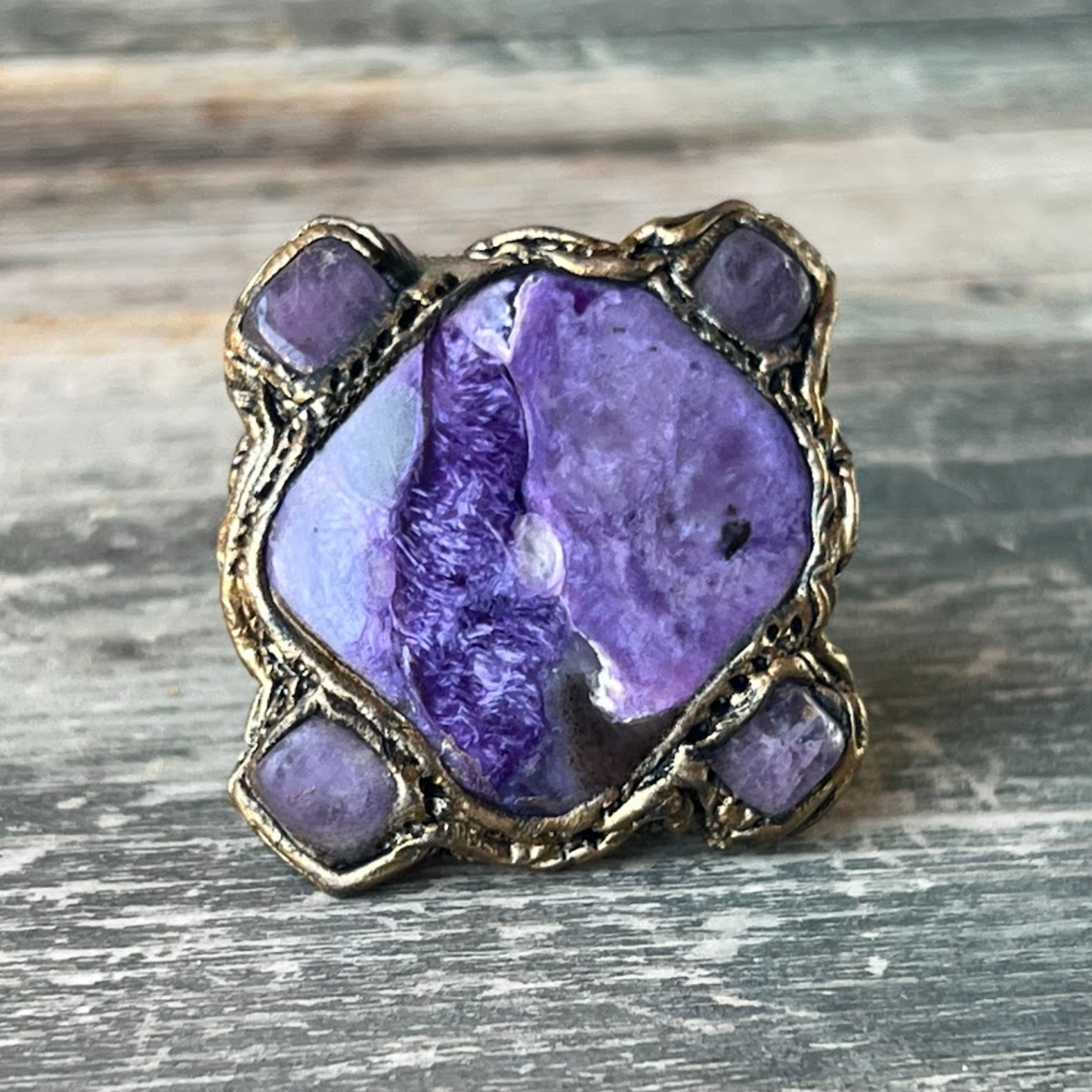 Large Charoite and Chalcedony Stone Ring, Chunky Purple Crystal Cocktail Ring