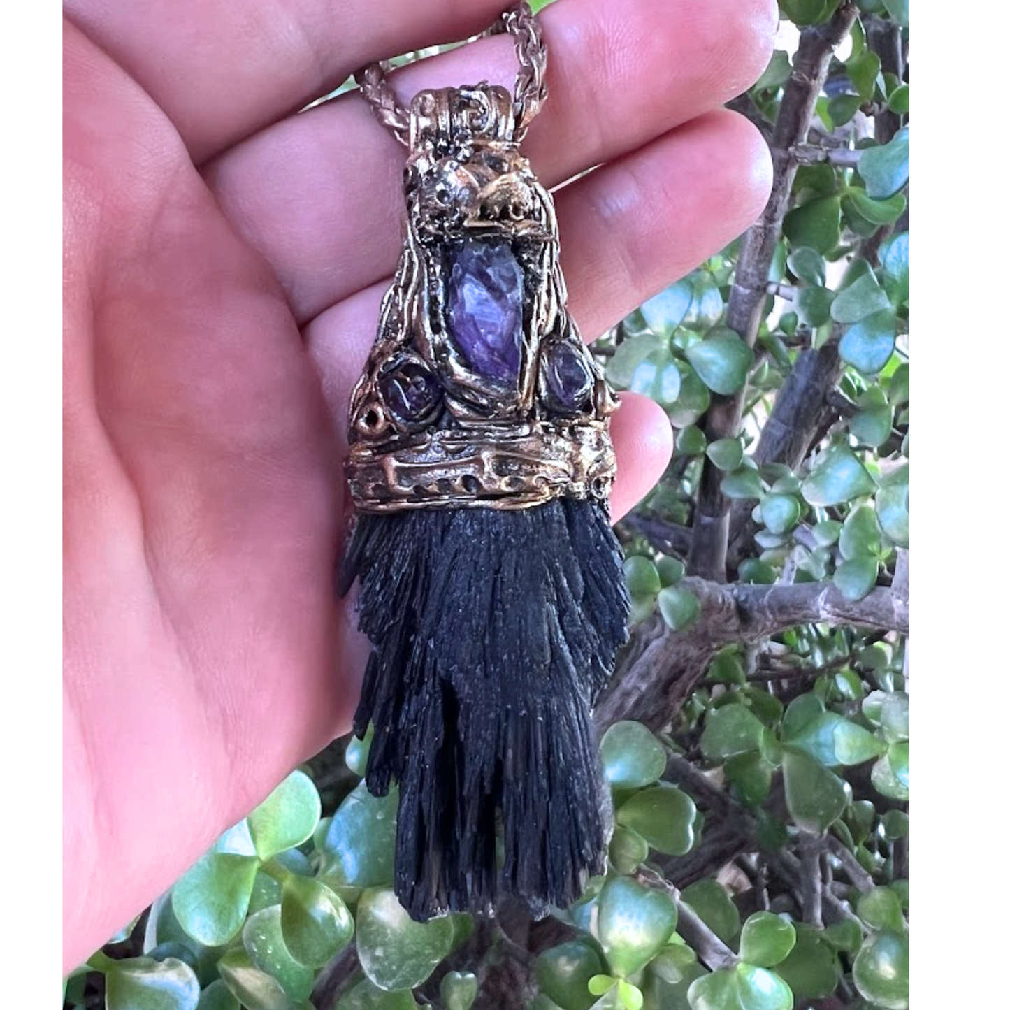 Black Kyanite & Amethyst Empath Protection Necklace, Raw Crystal Amulet