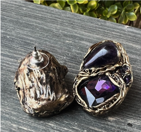 Purple Amethyst Crystal Gemstone Earrings, Statement Large Bohemian Studs