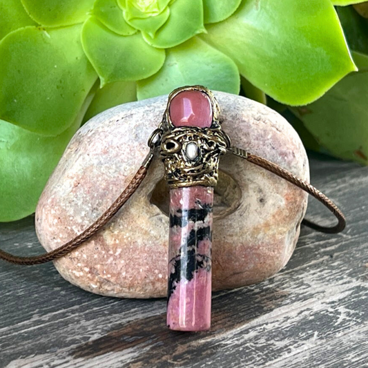 Rhodonite & Cherry Quartz Pendant - Healing Crystal Stone Protection Necklace Gift