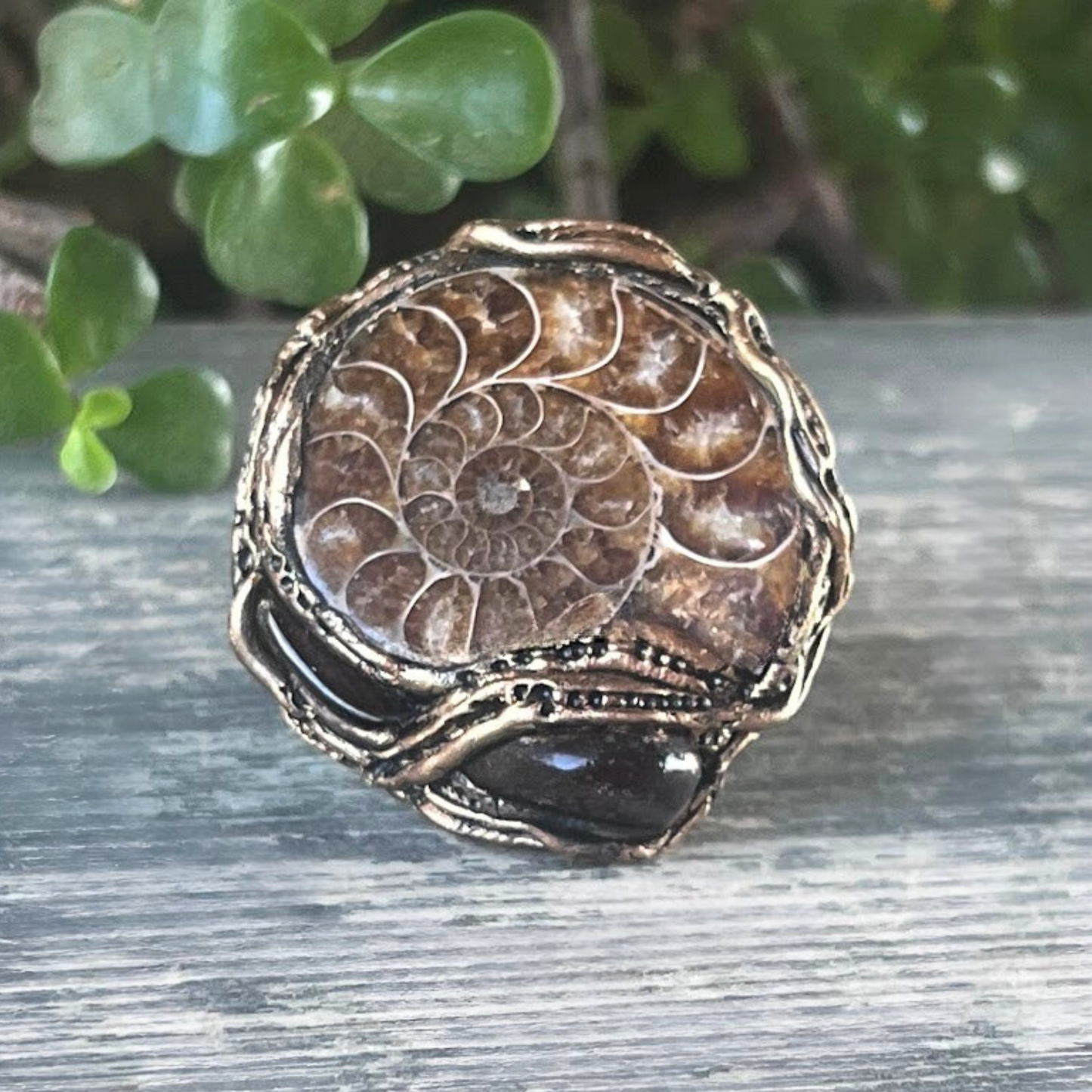 Amber & Ammonite Fossil Ring - Chunky Gemstone Statement Jewelry