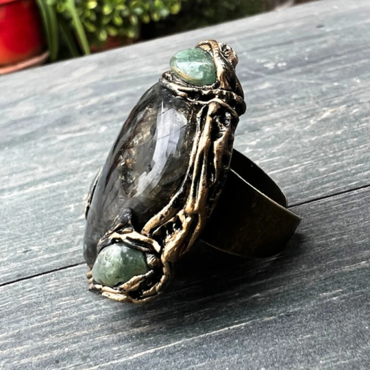 Rainbow Labradorite & Green Aventurine Chunky Large Stone Cocktail Ring