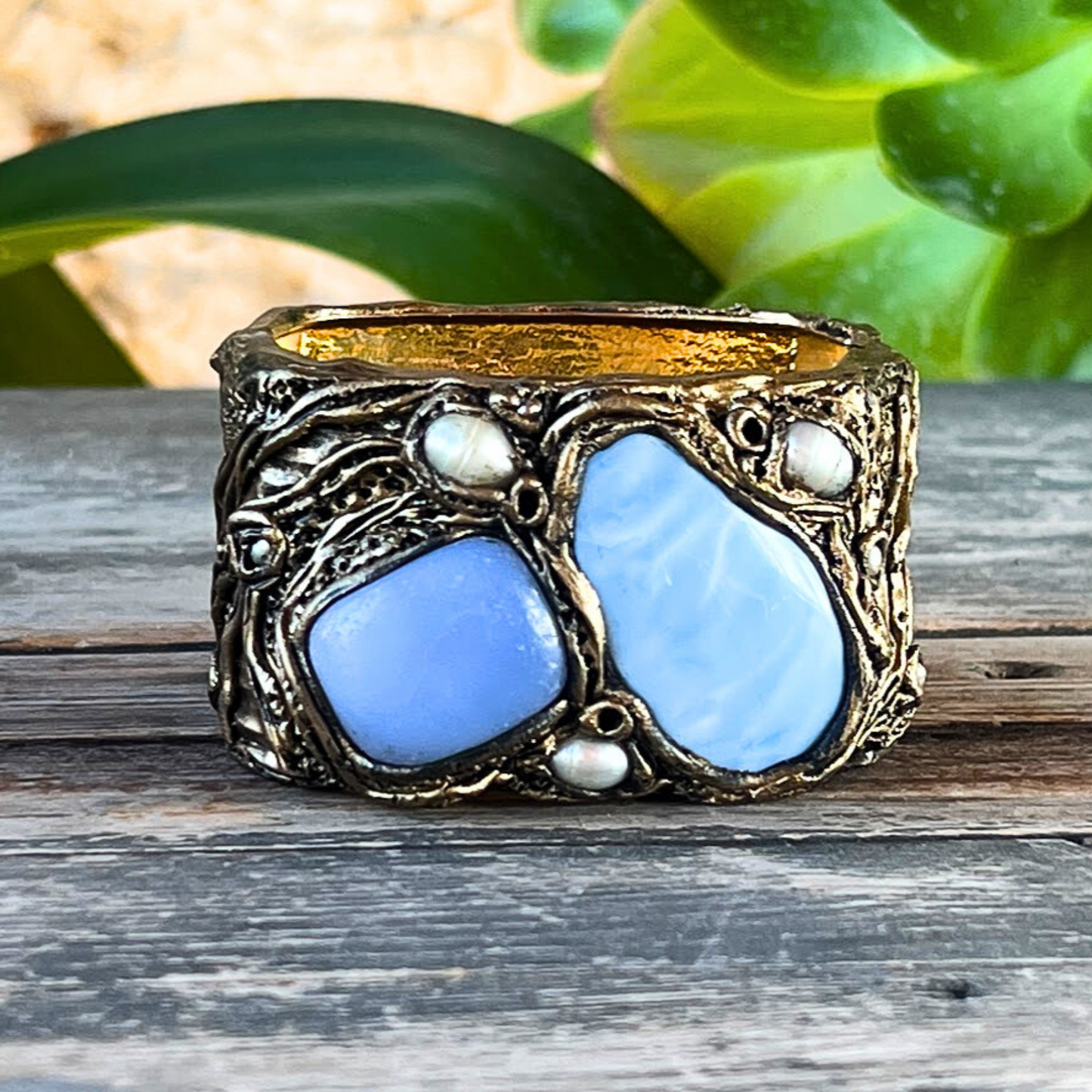 Blue Opal, Onyx & Pearls Cuff Bracelet - Statement Chunky Gemstone Jewelry