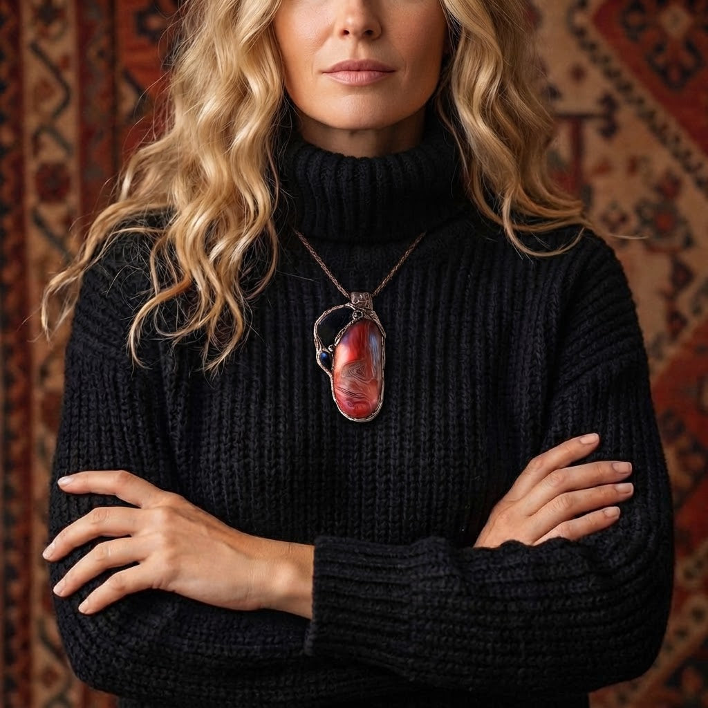 Sardonyx and Obsidian pendant necklace with natural red and black stones, handcrafted protection crystal amulet.