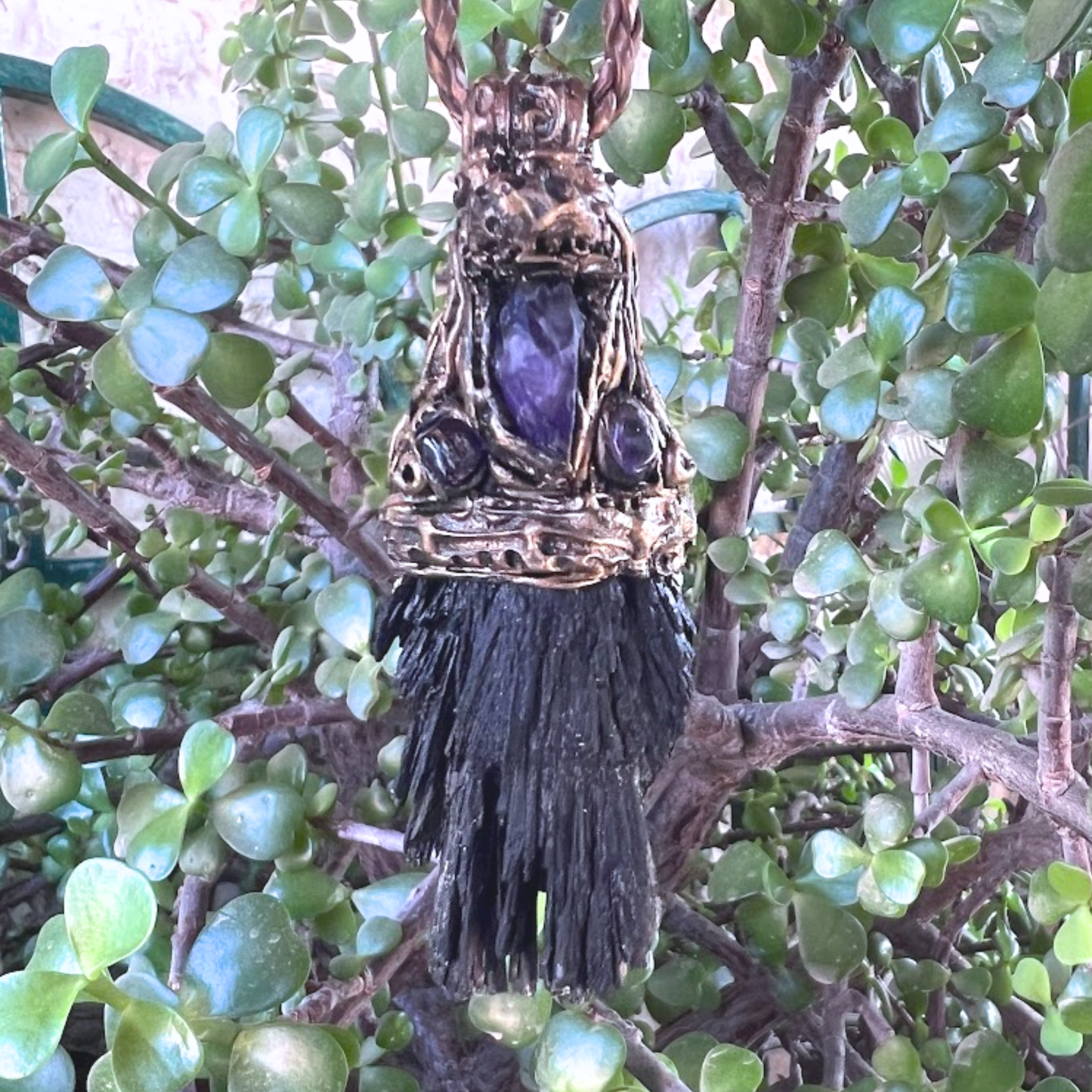 Black Kyanite & Amethyst Empath Protection Necklace, Raw Crystal Amulet