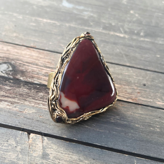 Chunky Jasper Large Stone Triangle Ring, Big Oversized Red Cocktail Ring