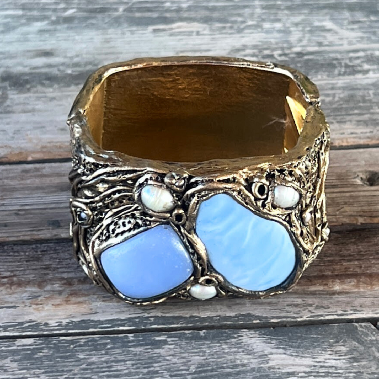 Blue Opal, Onyx & Pearls Cuff Bracelet - Statement Chunky Gemstone Jewelry