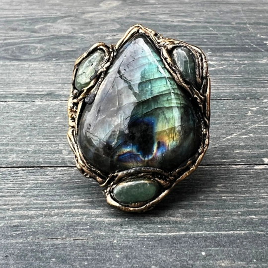 Rainbow Labradorite & Green Aventurine Chunky Large Stone Cocktail Ring