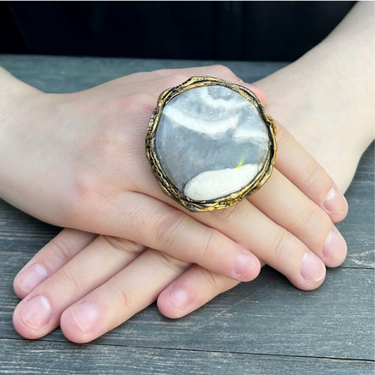 Chunky Zebra Jasper Large Stone Ring, Big Round Oversized Huge Cocktail Ring for Bold Elegance