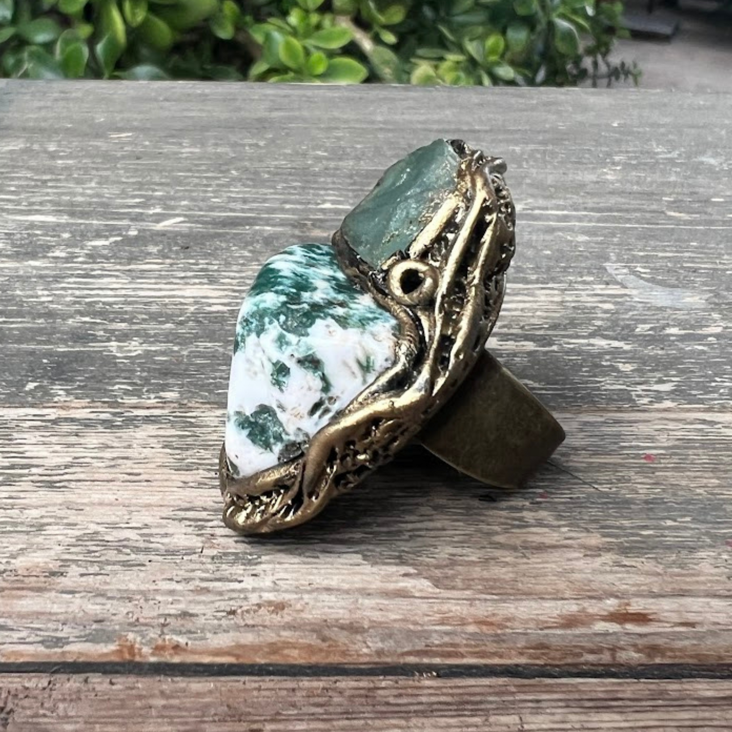 Green Aventurine and Tree Agate Chunky Statement Cocktail Ring