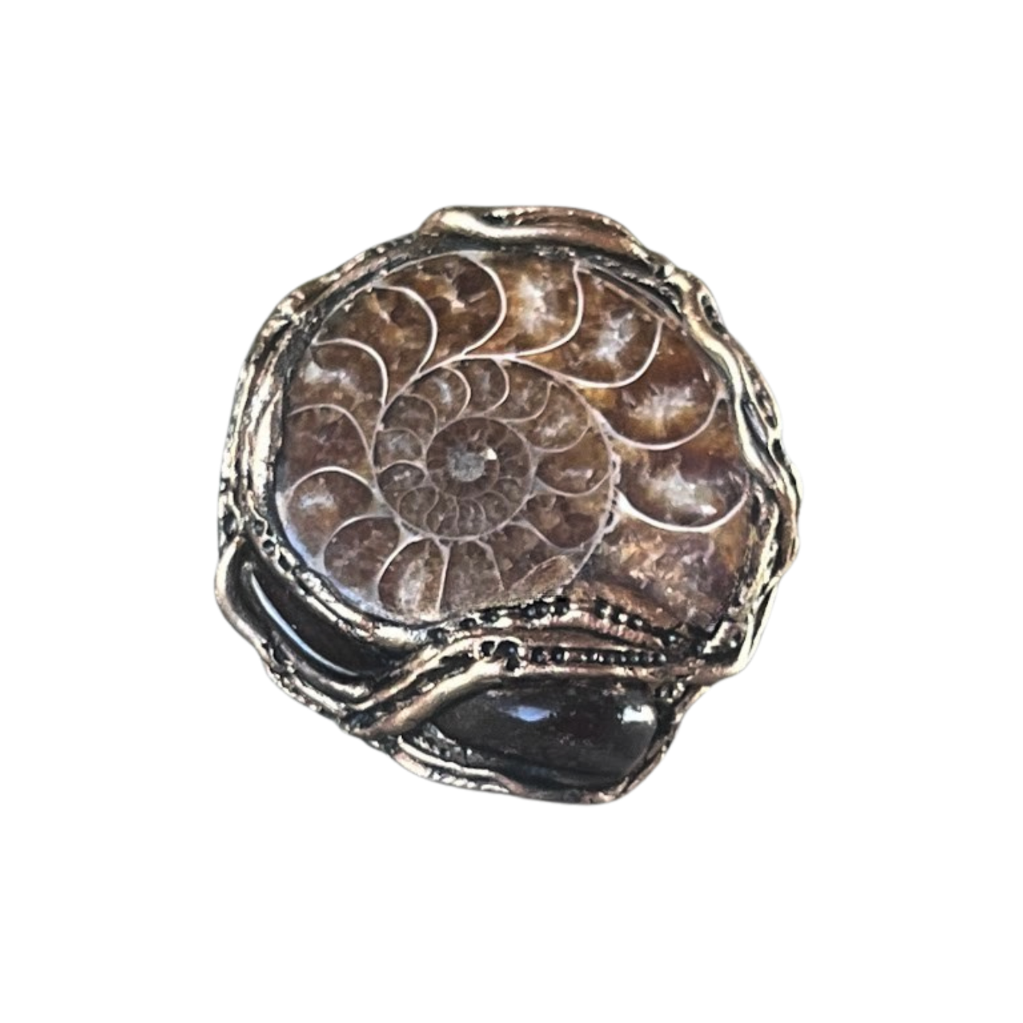 Amber & Ammonite Fossil Ring - Chunky Gemstone Statement Jewelry