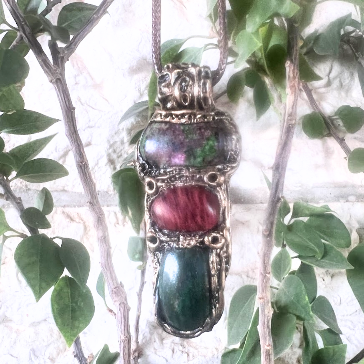 Ruby Zoisite, Green Jade & Pink Cherry Quartz Pendant - Crystal Healing Necklace