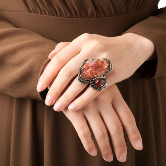 Orange Calcite & Carnelian Ring - Chunky Gemstone Jewelry