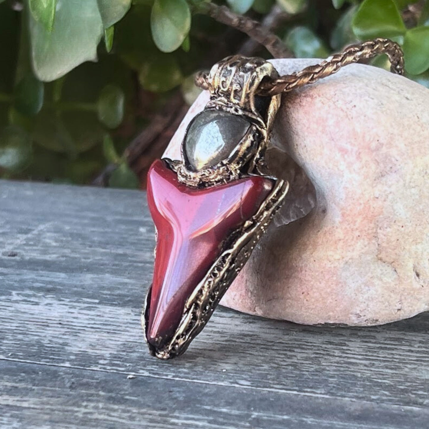 Gold Pyrite & Red Jasper Pendant Necklace – Statement Gemstone Jewelry – Abundance & Prosperity Crystal Amulet