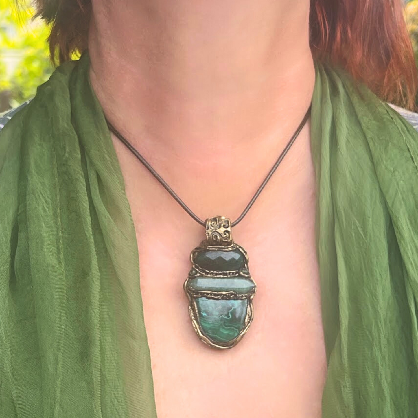 Jade, Malachite and Green Aventurine Stone Pendant Necklace