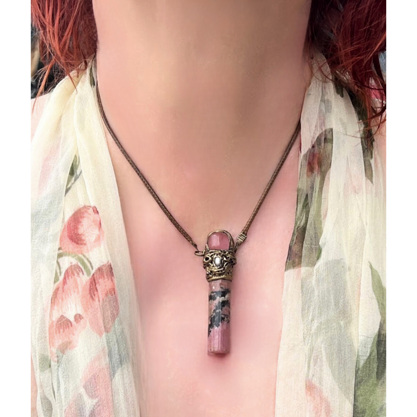 Rhodonite & Cherry Quartz Pendant - Healing Crystal Stone Protection Necklace Gift