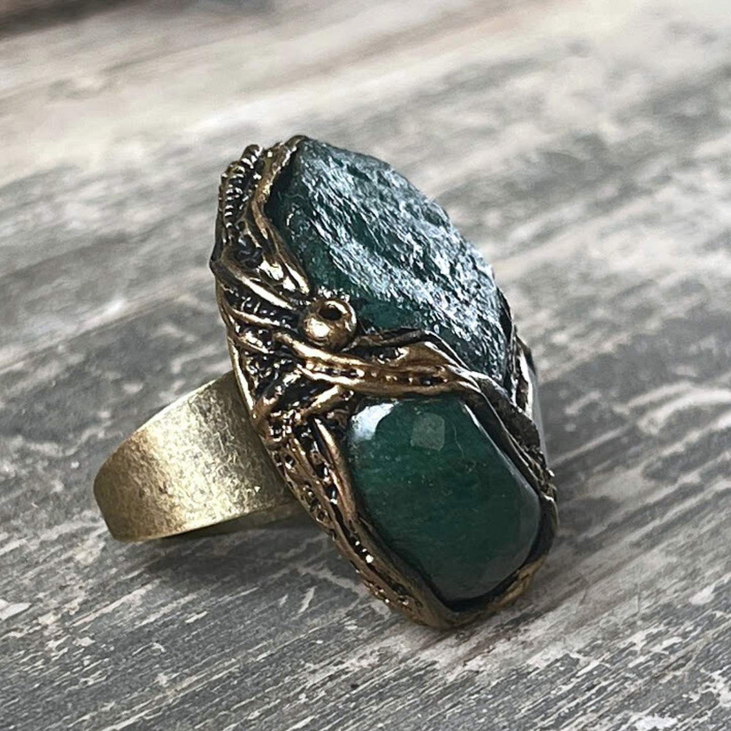 Raw Emerald & Jade Green Stone Ring with Prehnite - Chunky Gemstone Statement Jewelry