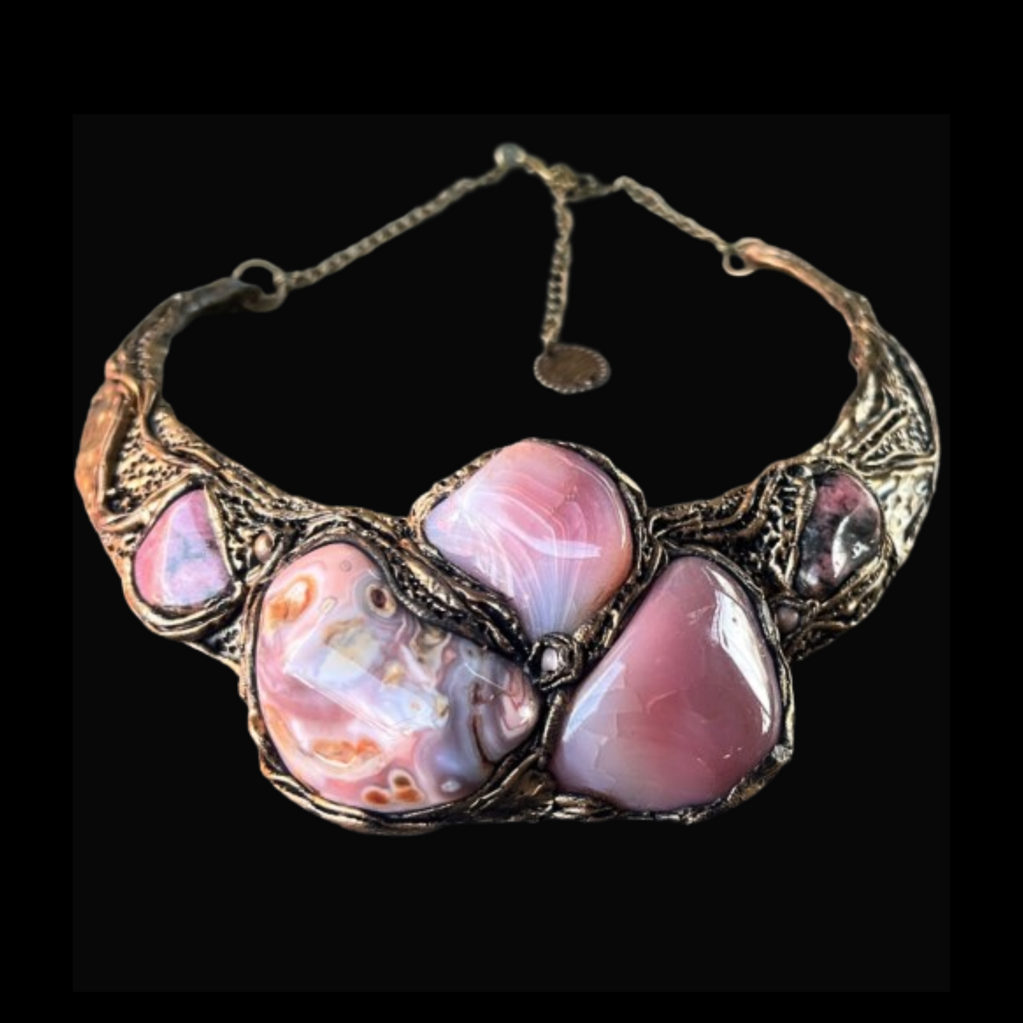 Pink Botswana Agate and Rhodonite Chunky Raw Crystal Artistic Necklace, Statement Collar Choker