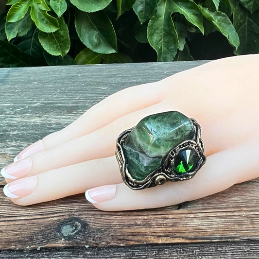 Rainbow Green Fluorite Stone Chunky Ring, Large Statement Cocktail Ring