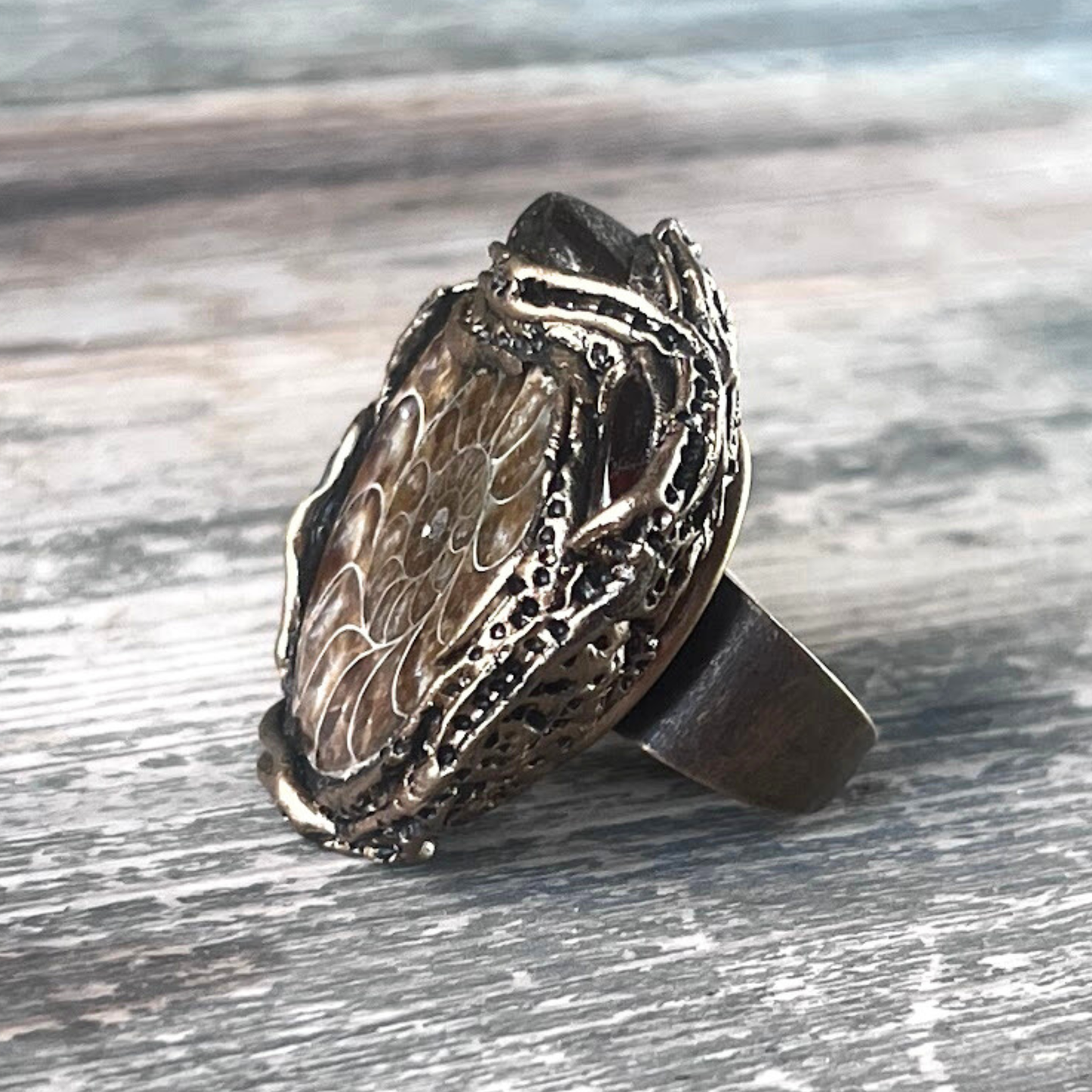 Amber & Ammonite Fossil Ring - Chunky Gemstone Statement Jewelry