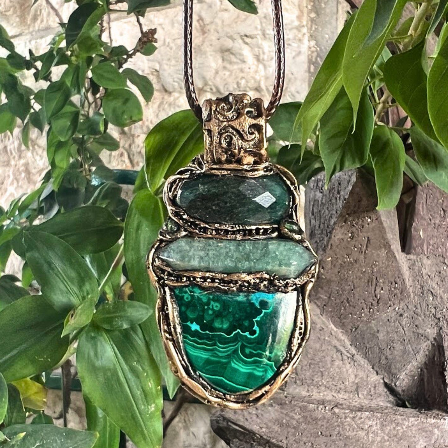 Jade, Malachite and Green Aventurine Stone Pendant Necklace