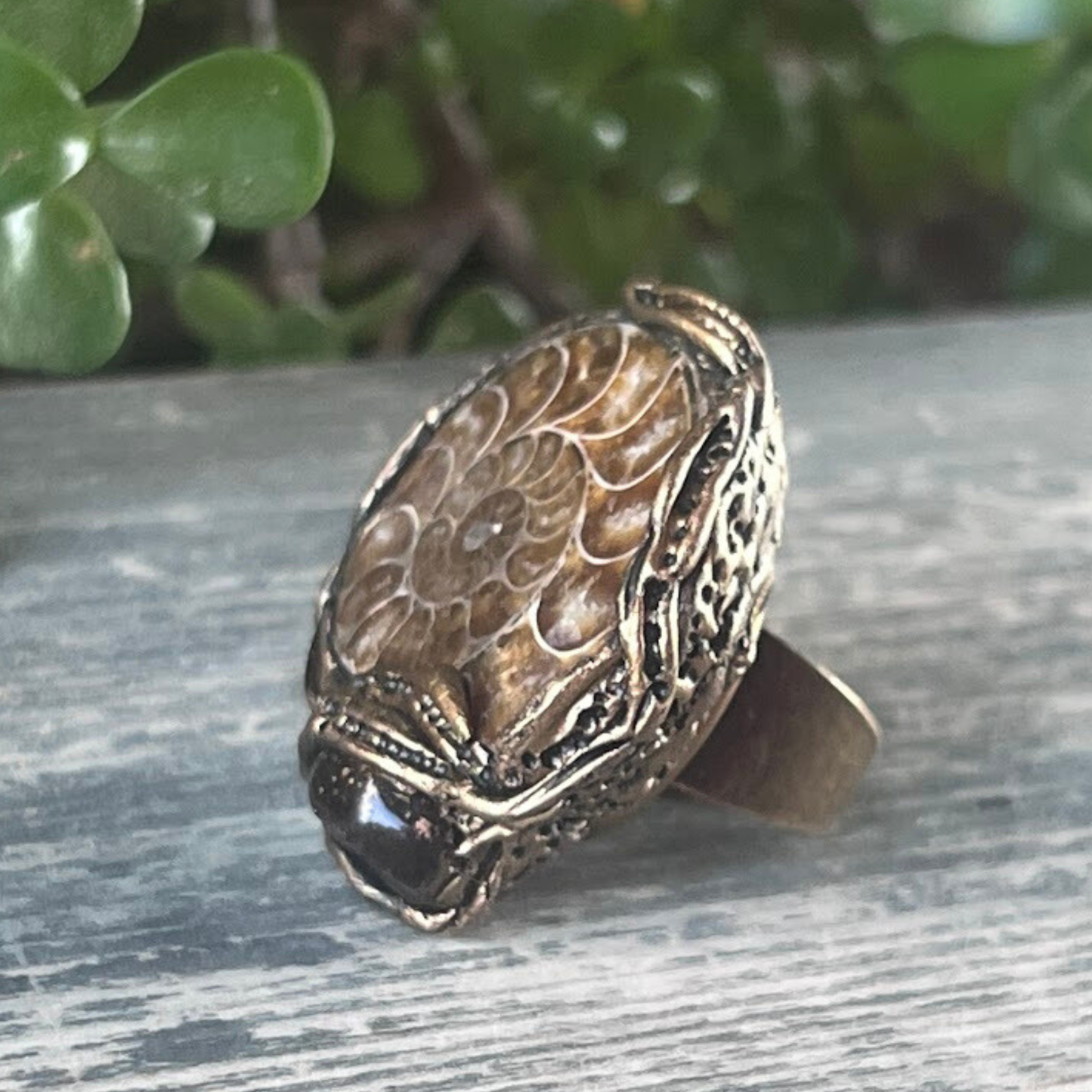 Amber & Ammonite Fossil Ring - Chunky Gemstone Statement Jewelry