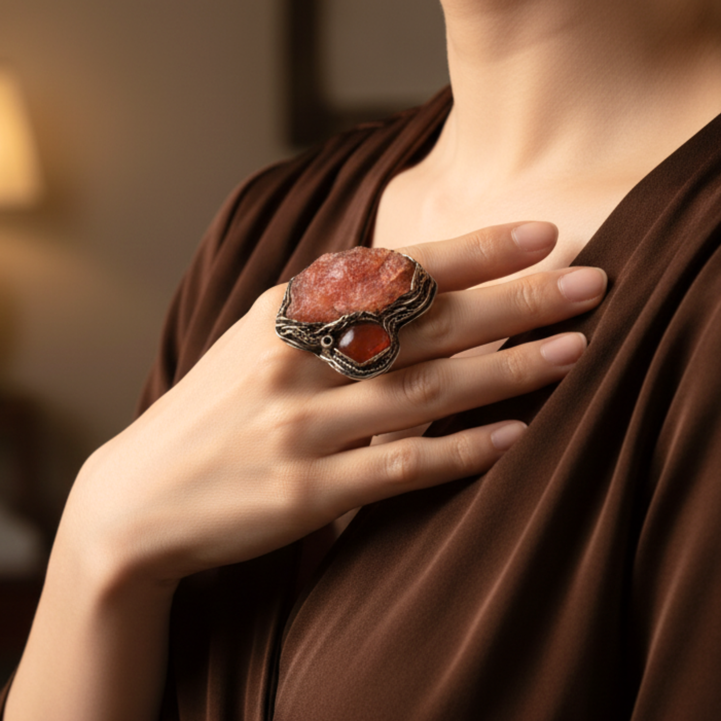 Orange Calcite & Carnelian Ring - Chunky Gemstone Jewelry