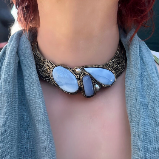 Blue Opal & Onyx Chunky Choker Necklace - Light Blue Statement Gemstone Jewelry