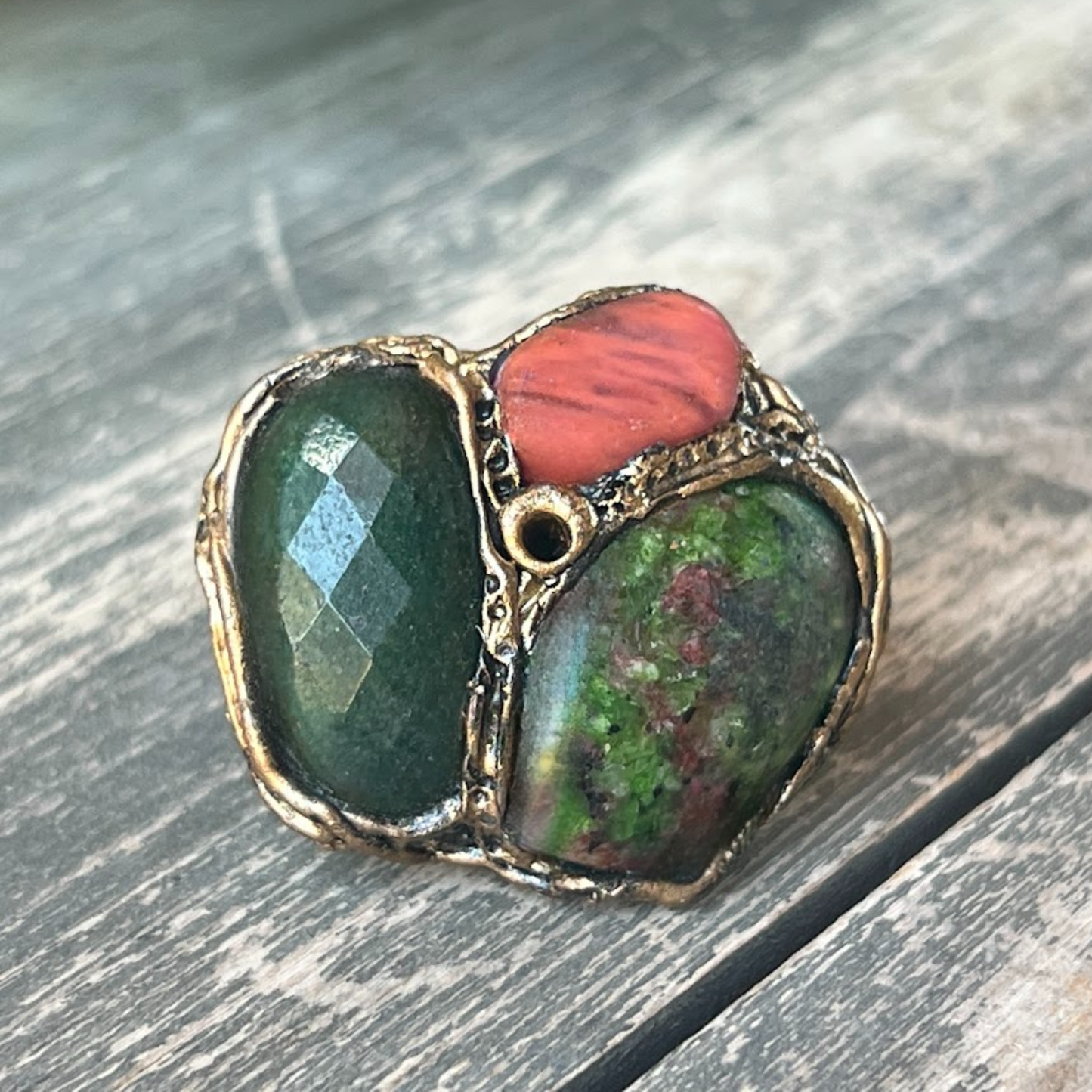 Chunky Pink Green Cocktail Ring with Ruby Zoisite, Jade & Cherry Quartz