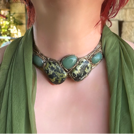 Serpentine Green Aventurine Choker - Chunky Gemstone Necklace