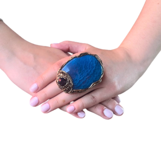 Blue Agate Big Chunky Huge Stone Ring, Statement Large Cocktail Ring