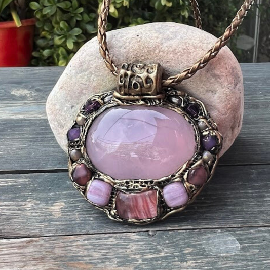 Rose Quartz & Cherry Quartz & Chalcedony large stone pendant necklace