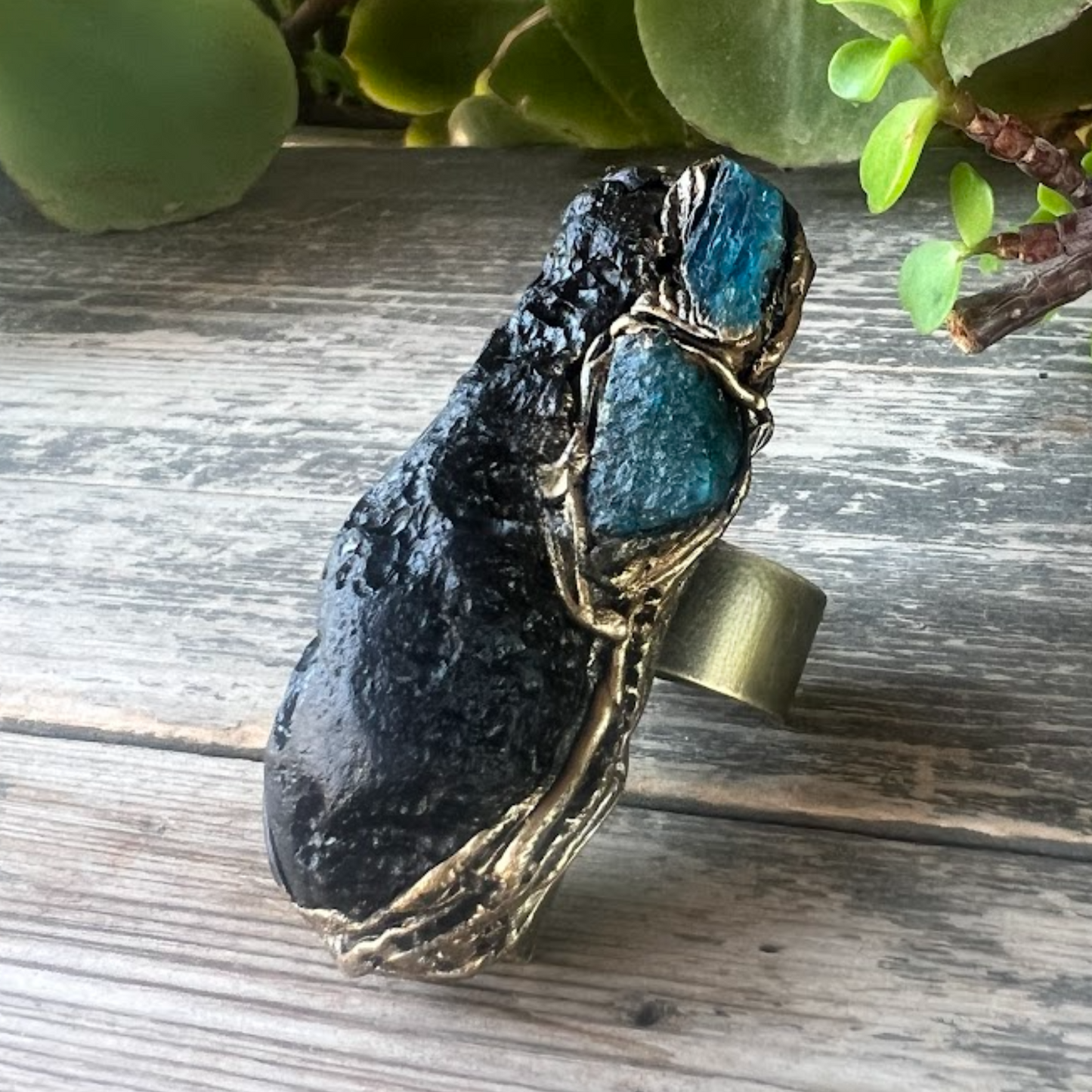 Meteorite Tektite & Apatite Chunky Full Finger Ring, Bohemian Gemstone Jewelry Gift for Her