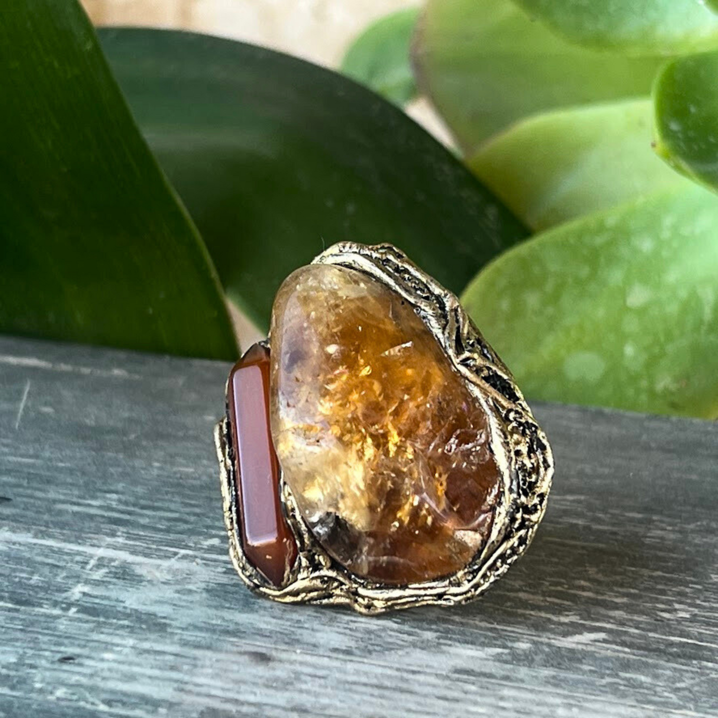 Chunky Citrine & Carnelian Ring, Large Statement Crystal Ring, Bohemian Jewelry Gift for Her