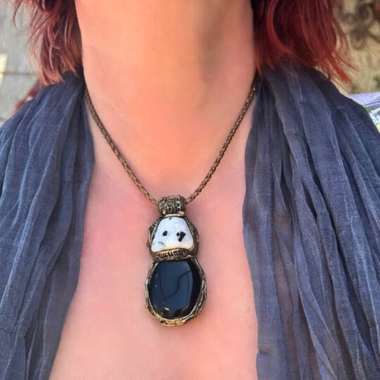 Large Moonstone with Tourmaline & Onyx Necklace, Black and White Stone Pendant