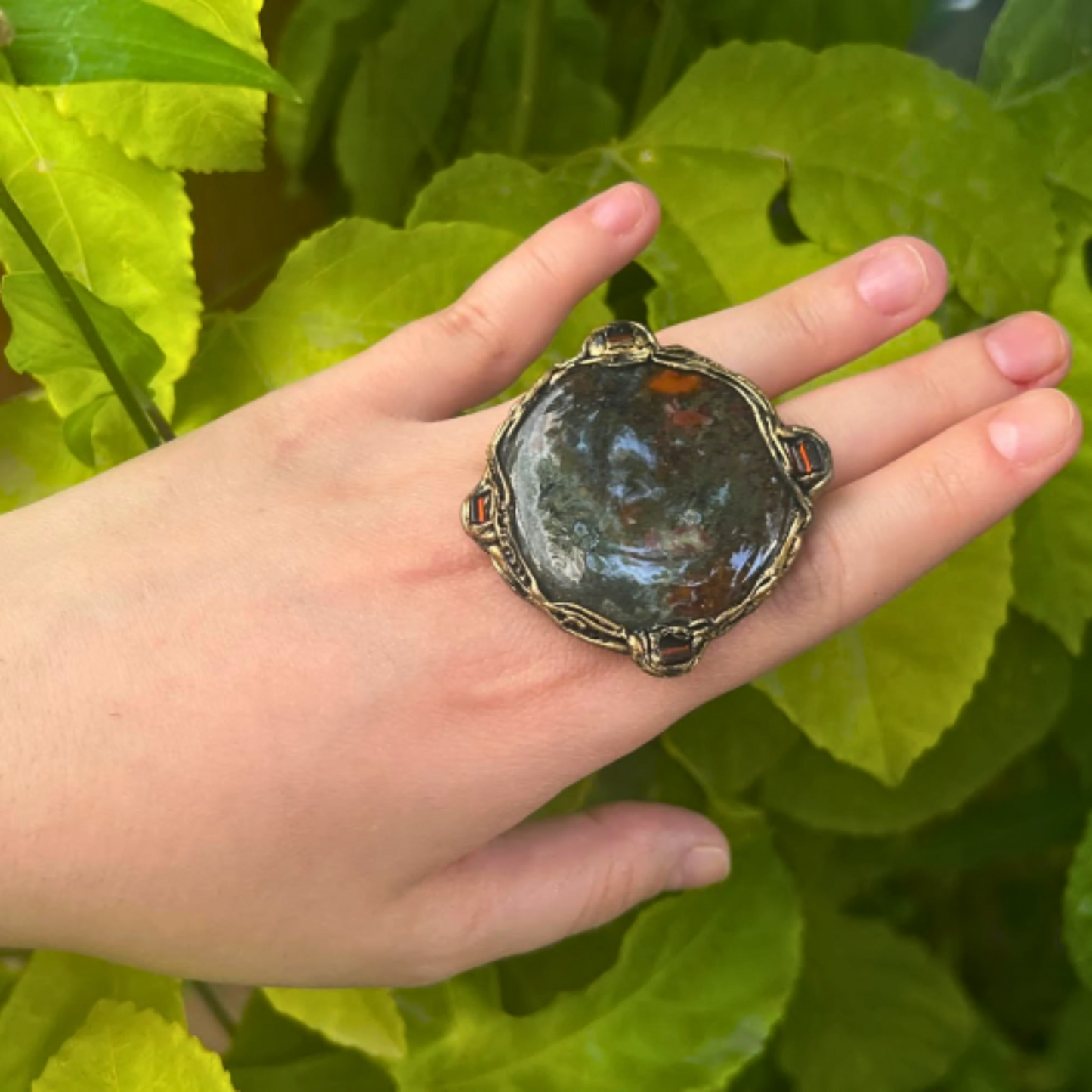 Bloodstone Large Stone Chunky Round Ring, Statement Big Cocktail Ring