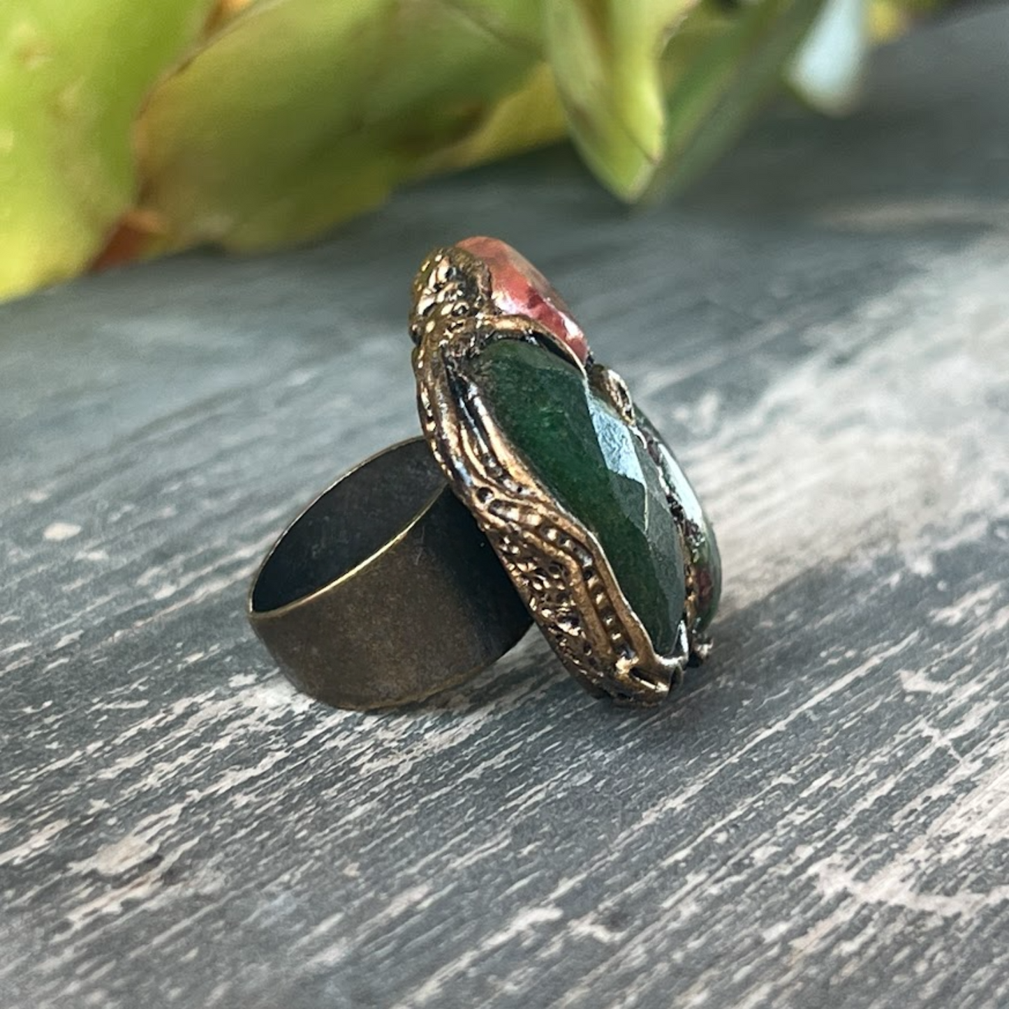 Chunky Pink Green Cocktail Ring with Ruby Zoisite, Jade & Cherry Quartz