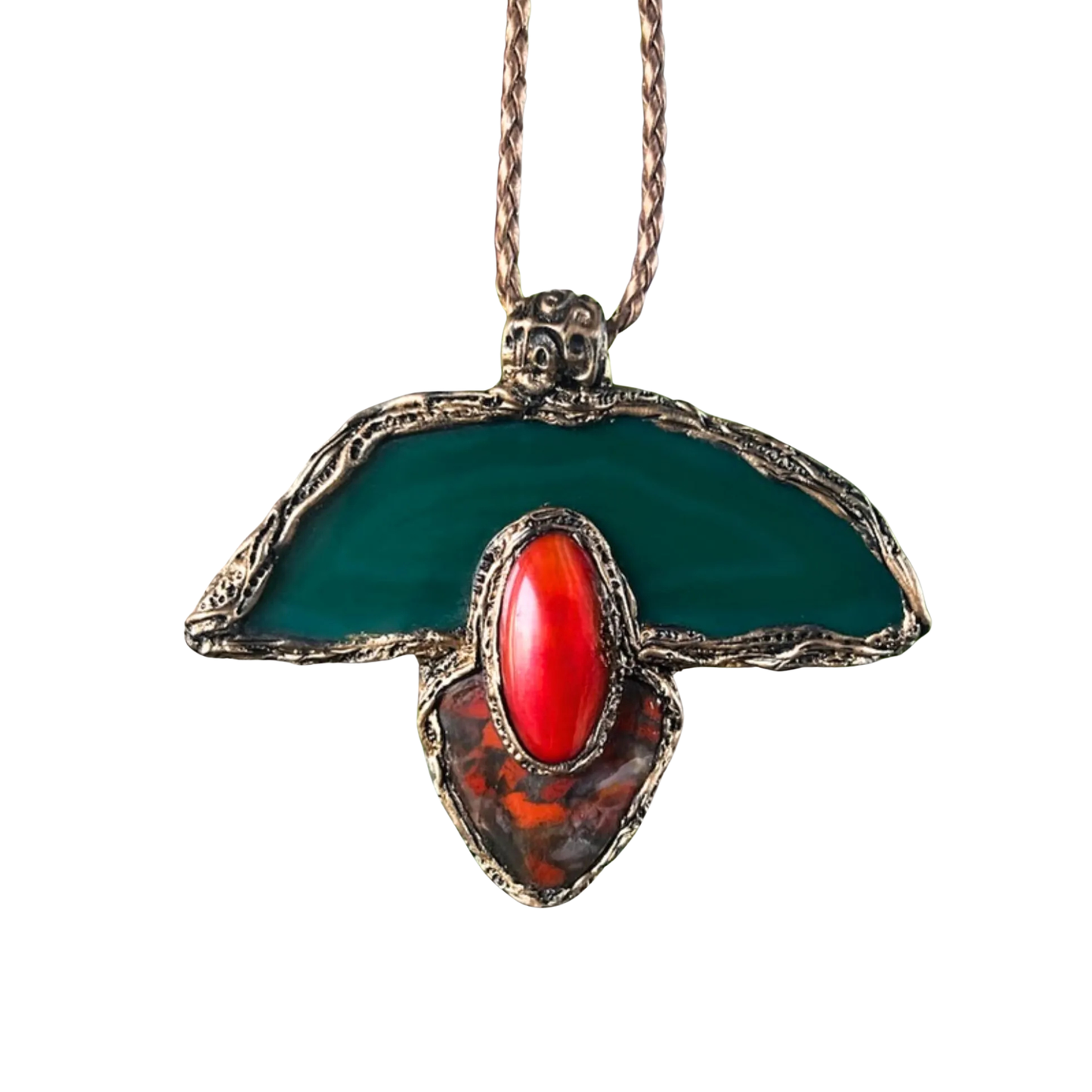 Large Green Stone Long Pendant Necklace with Agate Jasper & Coral