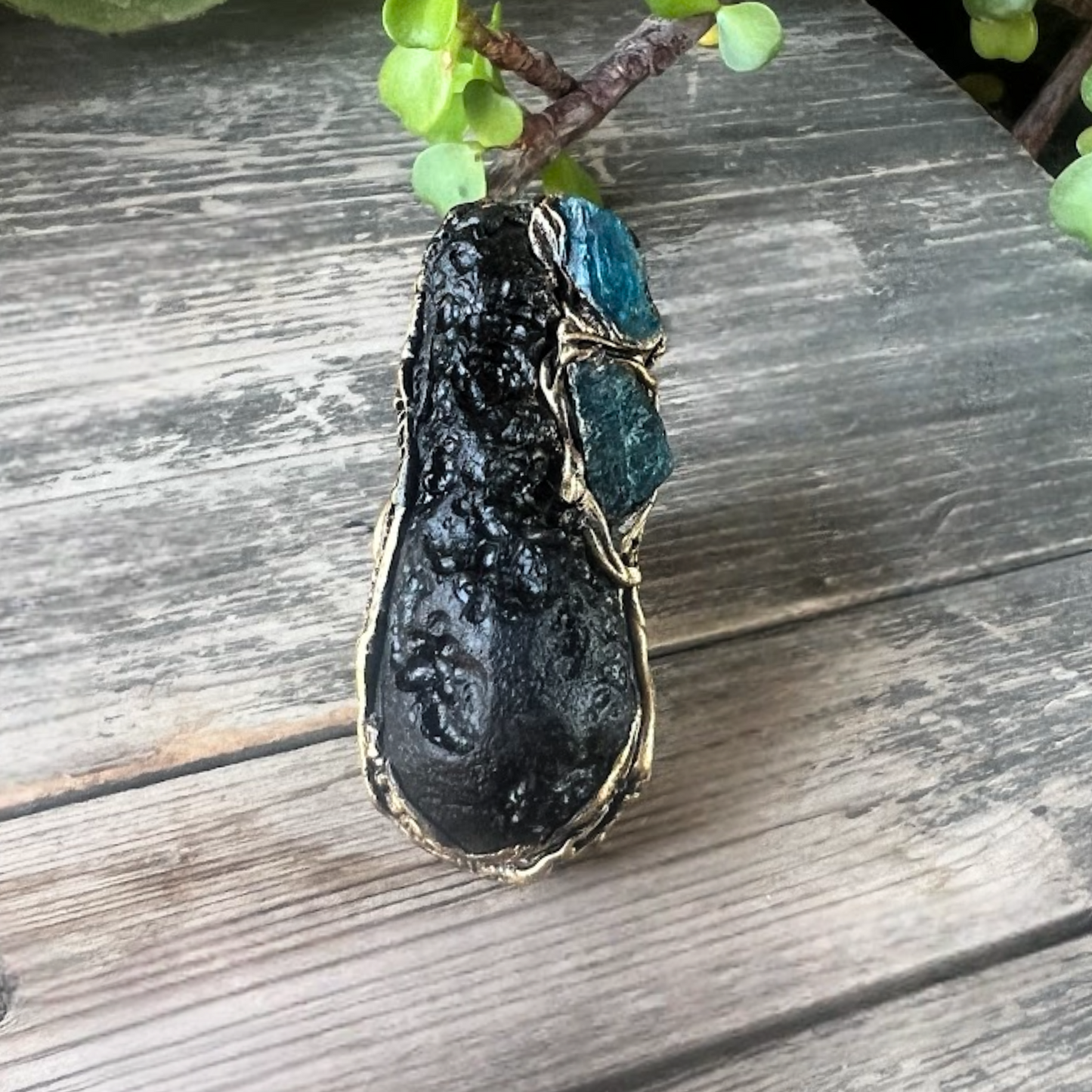 Meteorite Tektite & Apatite Chunky Full Finger Ring, Bohemian Gemstone Jewelry Gift for Her