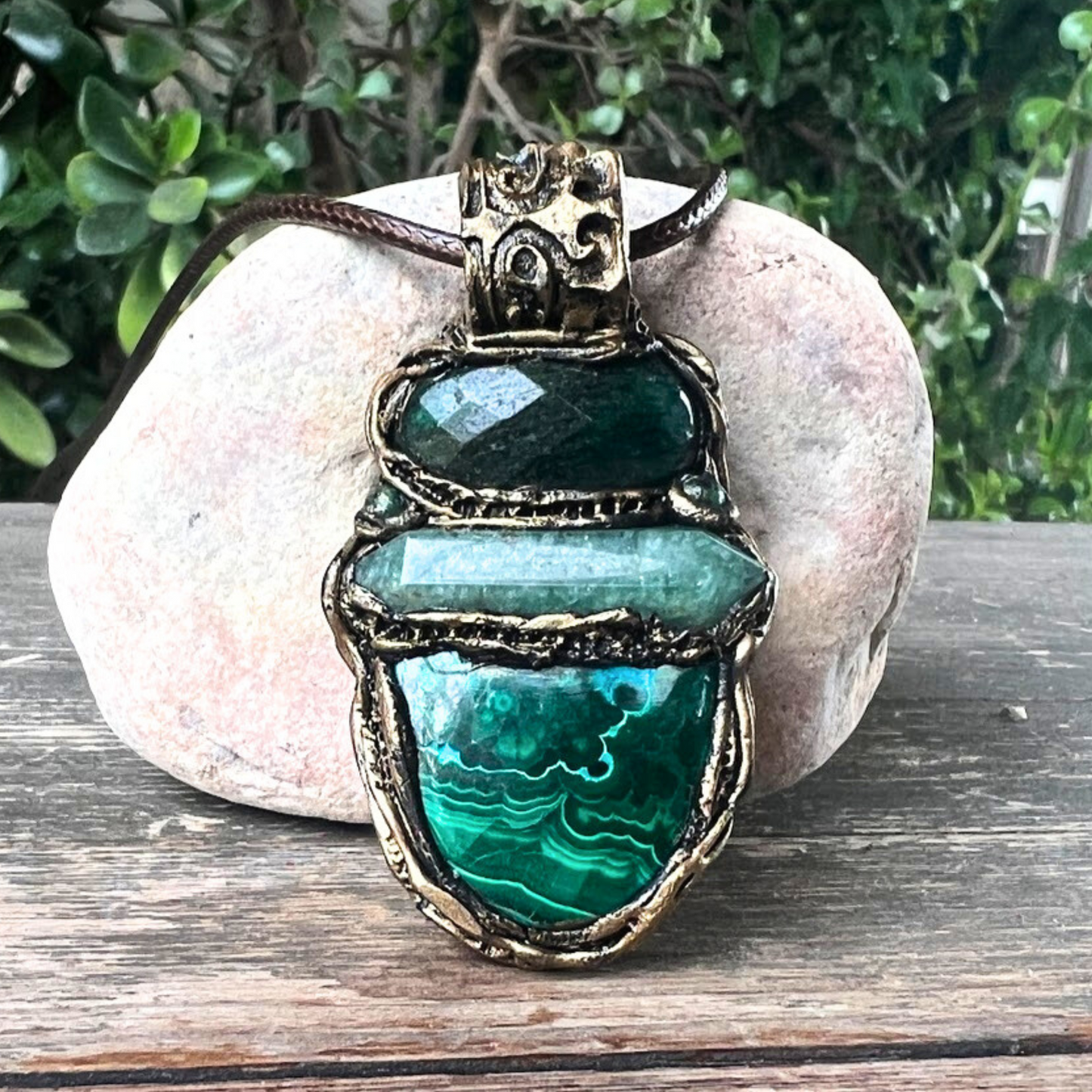 Jade, Malachite and Green Aventurine Stone Pendant Necklace