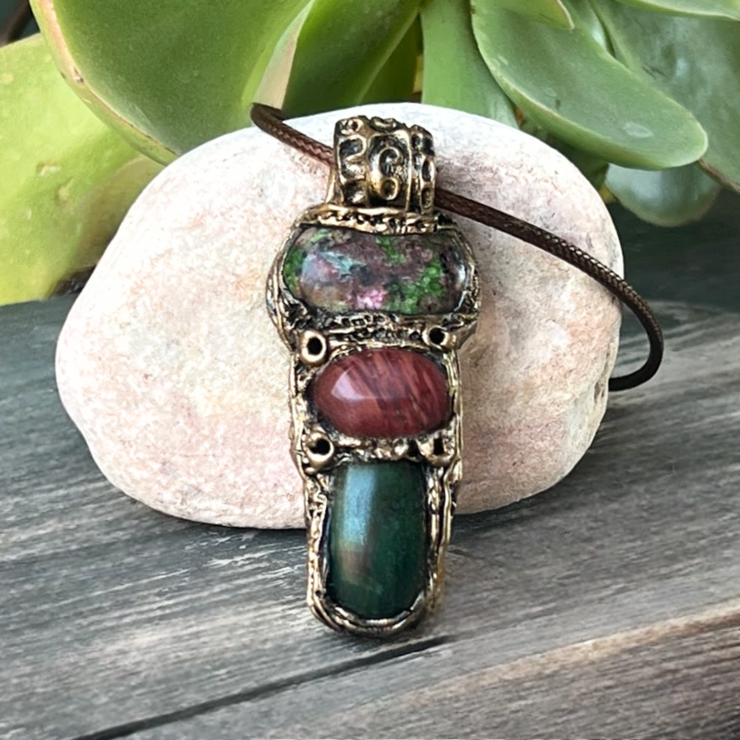 Chunky Pink Green Cocktail Ring with Ruby Zoisite, Jade & Cherry Quartz