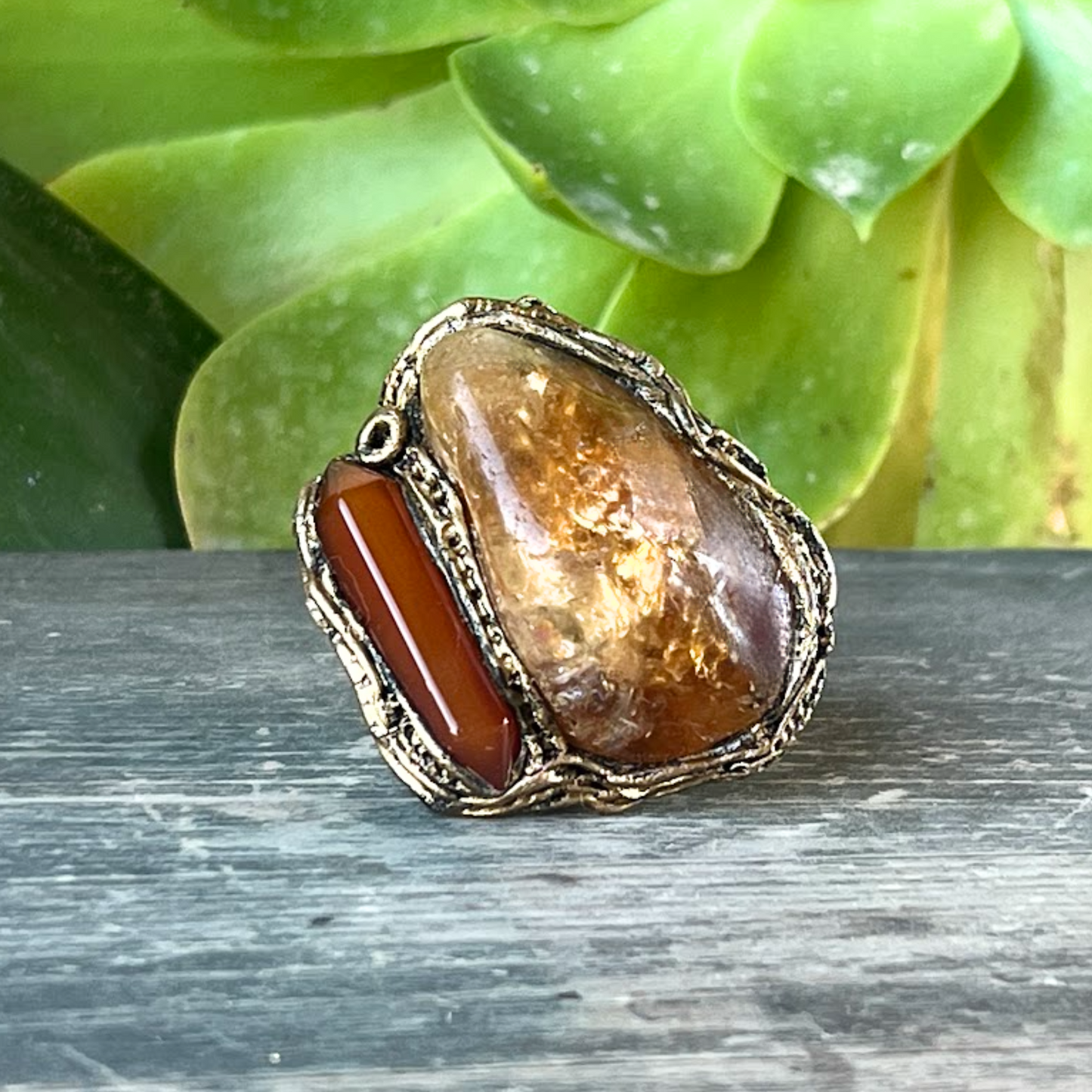 Chunky Citrine & Carnelian Ring, Large Statement Crystal Ring, Bohemian Jewelry Gift for Her