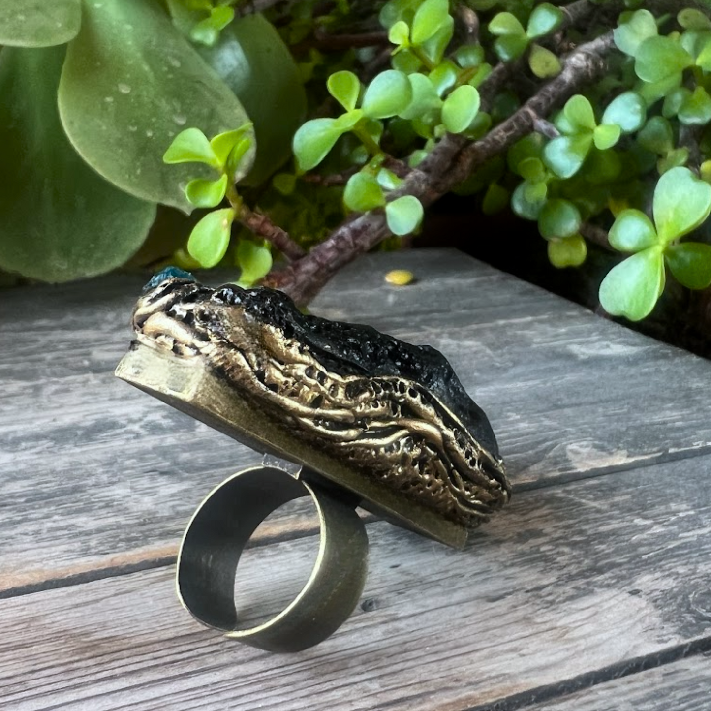 Meteorite Tektite & Apatite Chunky Full Finger Ring, Bohemian Gemstone Jewelry Gift for Her