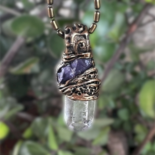 Rock Crystal Clear Quartz and Raw Amethyst Point Pendant Amulet Necklace