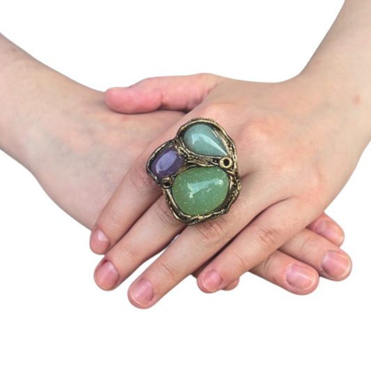 Onyx, Chalcedony, and Aventurine Large Green Stone Ring, Huge Oversized Cocktail Ring