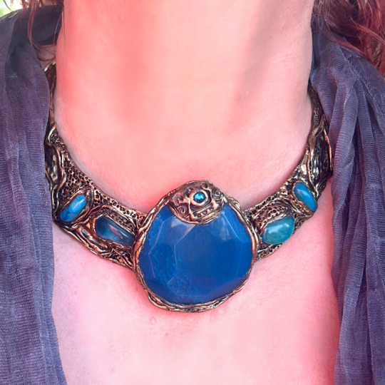 Blue Agate Choker Collar Stone Necklace, Statement Chunky Necklace