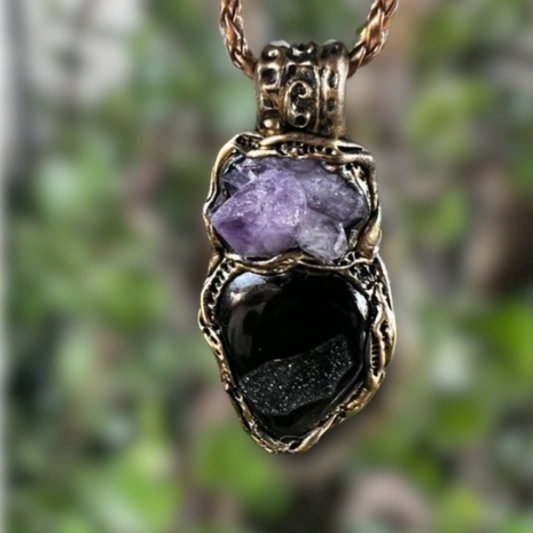 Black Druzy Agate Raw Amethyst necklace, large stone pendant