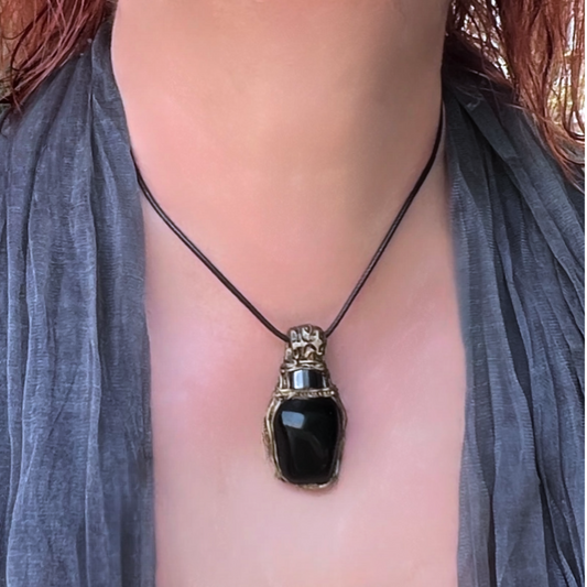 Black Obsidian & Hematite Pendant, Protection Crystal Amulet Necklace, Spiritual Jewelry Gifts